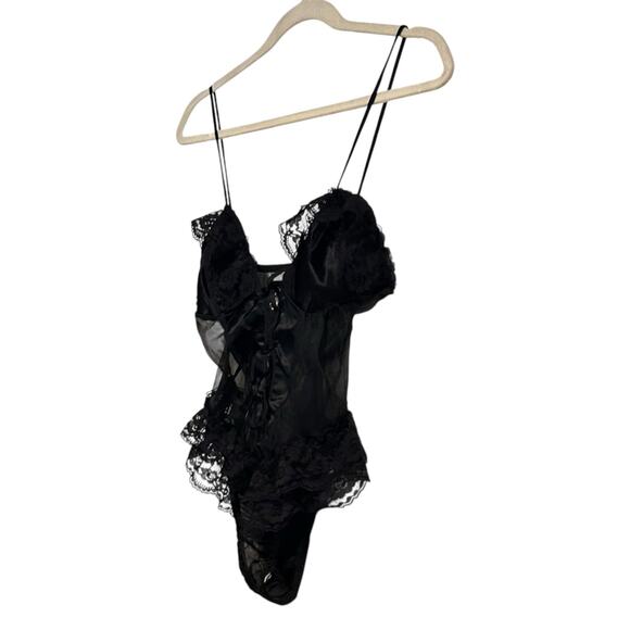 Vintage Black Sheer Lace Body Suit Womens Sz XS Whimsigoth Dark Romance Ruffles - Picture 16 of 16